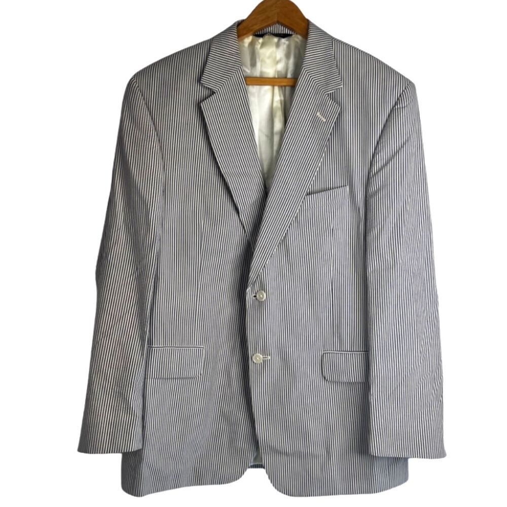 Jos A Bank Seersucker Striped 100% Cotton Blazer Preppy Single Breasted Size 43R